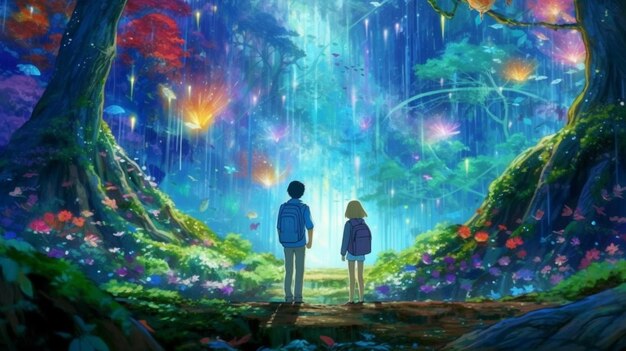 Stile Ghibli 2 ragazzi che camminano per incontrare un Rainbow Phoenix AI generativo
