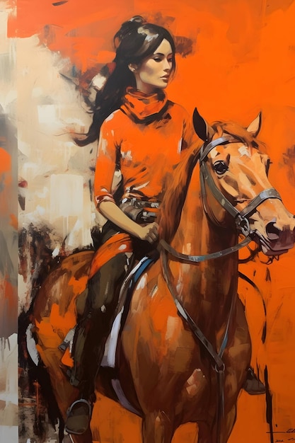 Stile Hermes dipinto astratto minimalista donna a cavallo su sfondo arancione