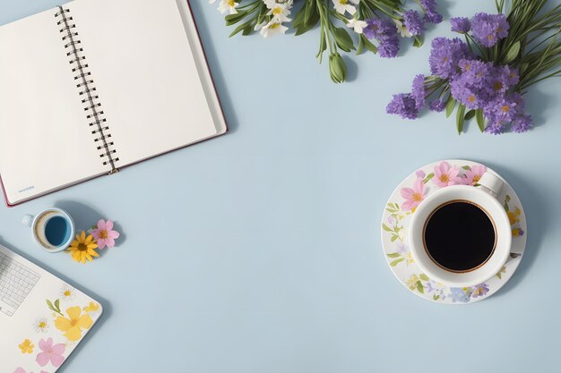 Stile Knolling di forniture per ufficio per notebook, tazza di caffè e fiori primaverili su bac azzurro