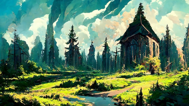 Stile medievale e caratteristiche dell'illustrazione 3D della foresta