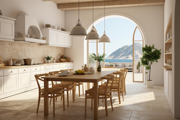 Stile mediterraneo moderno con tavolo da pranzo in legno e sedie in cucina con soffitto ad arco Gener