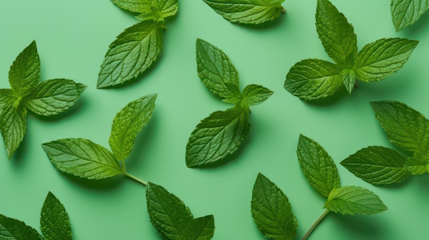 Stile minimale di foglie di menta piperita su sfondo verde generato dall'intelligenza artificiale