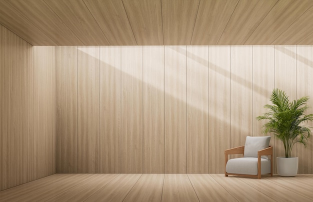 Stile minimale stanza in legno contemporanea con luce solare dall'alto rendering 3D