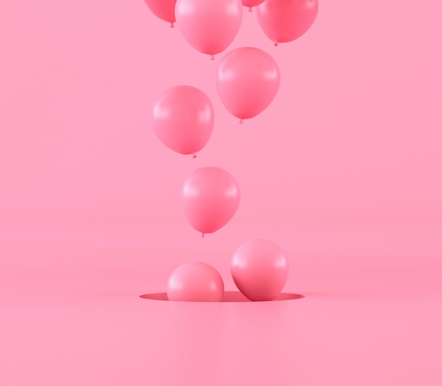 Stile minimo di palloncini rosa che galleggiano fuori dal foro, idea regalo, rendering 3D.