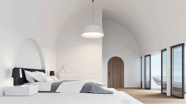 Stile moderno di lusso della camera da letto bianca e vista sul mare - Rendering 3D