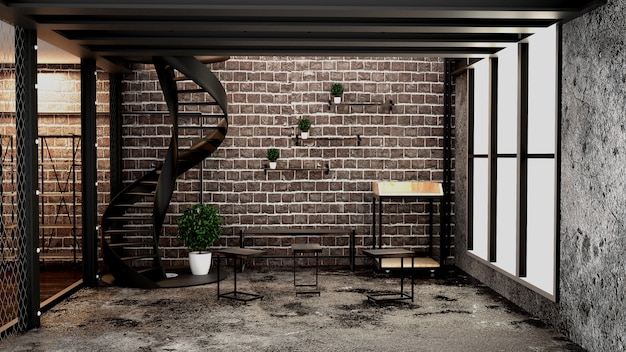 Stile moderno loft living interior design. Rendering 3D