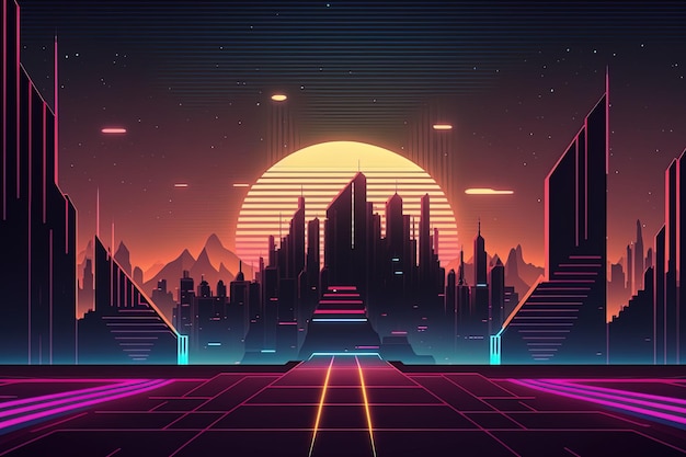 Stile retrò cyberpunk anni '80 Sci Fi Background Futuristico con paesaggio a griglia laser