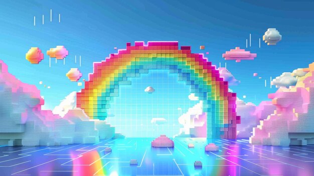 Stile retrogaming arcobaleno geometrico su nuvole di pixel colori vibranti a 8 bit