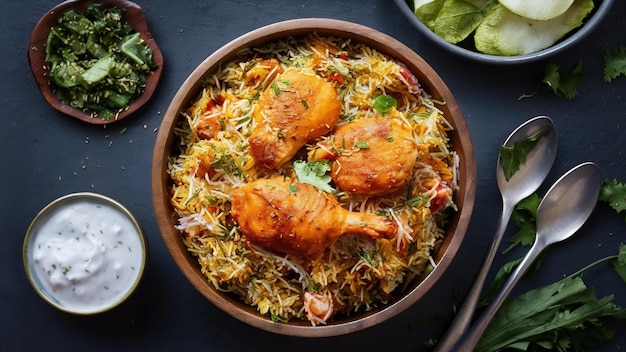 Stile ristorante pollo piccante biryani in ciotola di legno con raita e salan popolare indiano o pakistano