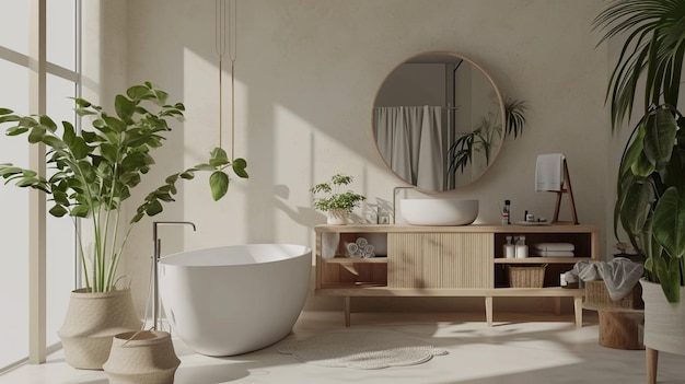 Stile scandinavo boho nell'interno della casa sfondo bagno beige legno naturale AI Generative