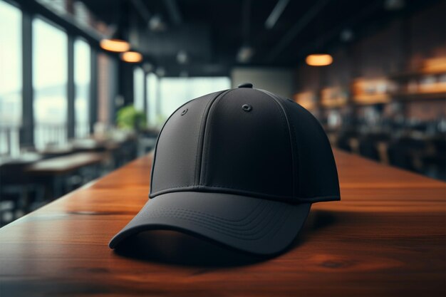 Stile senza tempo un berretto di baseball nero giace casualmente sulla superficie dei tavoli