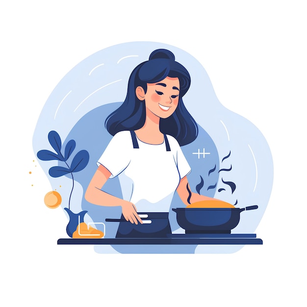 stile vettoriale piatto minimalista di una donna che cucina e mangia illustrazione di cibo