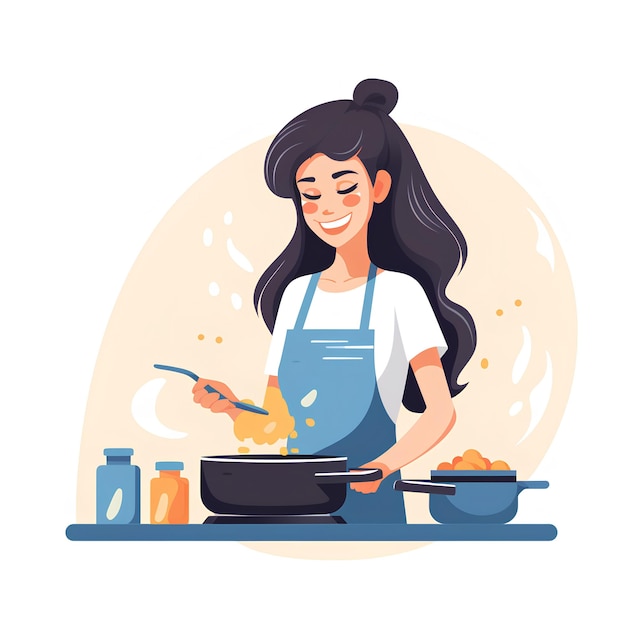 stile vettoriale piatto minimalista di una donna che cucina e mangia illustrazione di cibo