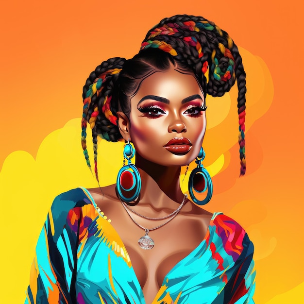 Stile vibrante Un ritratto disegnato a mano di una splendida fashionista nera con una camicetta colorata Braid Hai