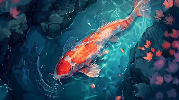 Stilioso pesce Koi che nuota in pittura digitale e arte 3D