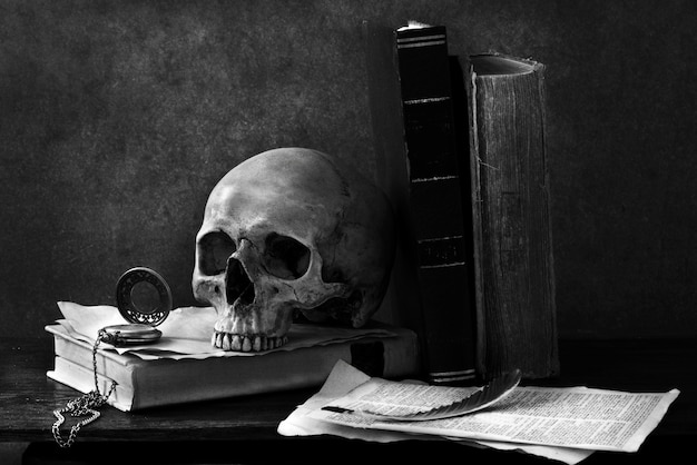 still life fotografia d&#39;arte cranio umano con libro sulla scrivania, concetto di Halloween