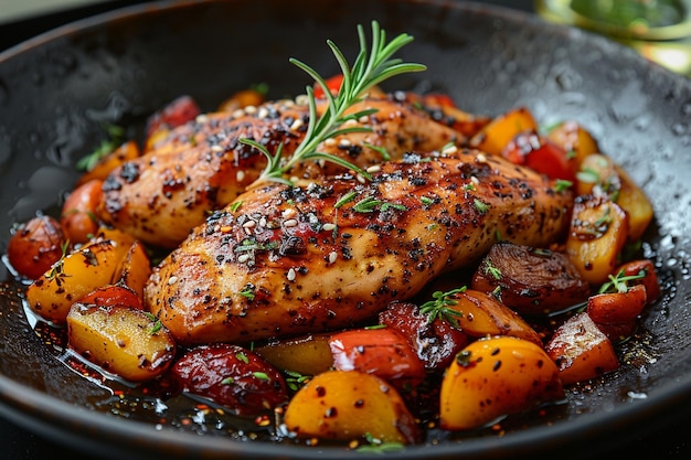 Stivale di pollo allettante con semi di sesamo bianco e un misto di prodotti freschi