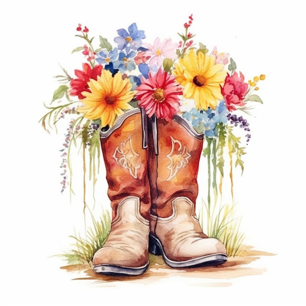 Stivali da cowboy con fiori e un fiocco sono seduti a terra generativa ai