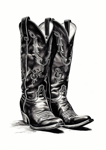 Stivali da cowboy Illustrazione Schizzo senza tempo in bianco e nero Poster Art Generative Ai