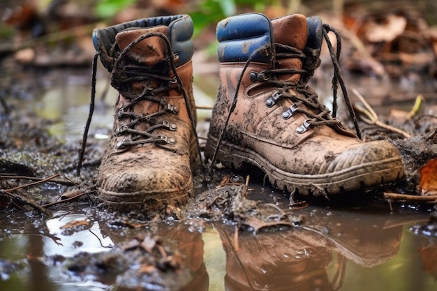 Stivali da trekking che affondano nel fango fresco dopo la pioggia creata con l'AI generativa