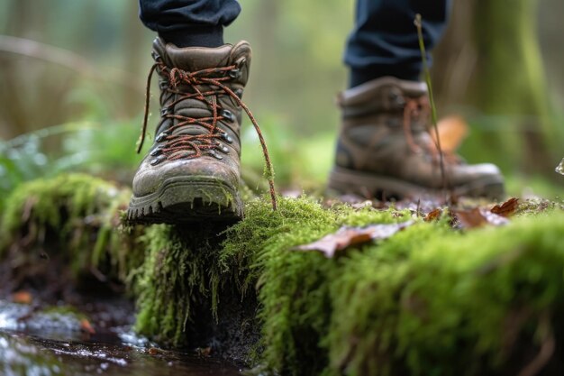 Stivali da trekking che calpestano un tronco di muschio nel fango creato con l'AI generativa