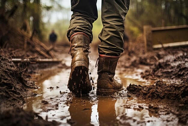 stivali di fango a terra con le gambe delle persone in piedi nello stile di glen angus