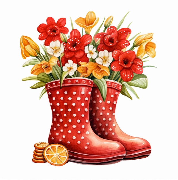 Stivali di gomma rosso poka dot con fiori bouquet illustrazione ad acquerello generata da AI