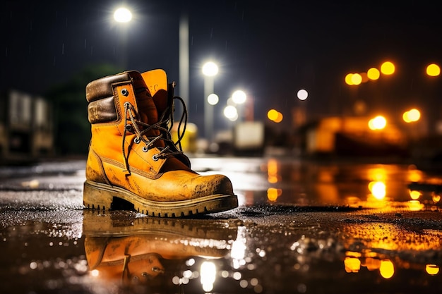 Stivali di un operaio edile su un terreno bagnato con il cantiere sullo sfondo illuminato di notte