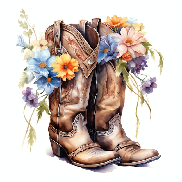 stivali floreali dell'acquerello clipart dell'illustrazione del deserto del cowboy del selvaggio west occidentale