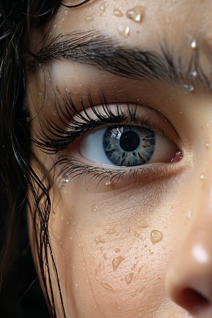 Stock foto primo piano macro di una ragazza dagli occhi scuri con le lentiggini che ha i capelli neri