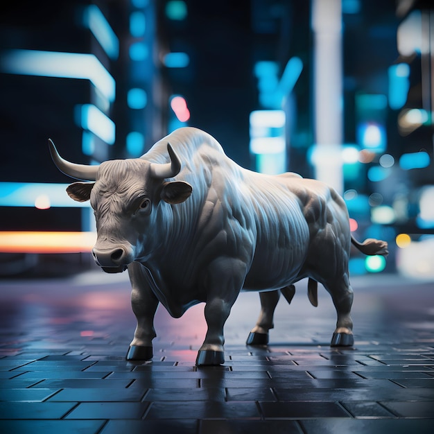 StockImage illustrazione 3D di un grosso toro su uno sfondo sfocato della città per i social media