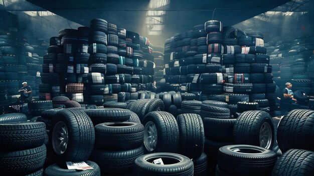 Storaggio oscuro pieno o grande varietà di pneumatici nuovi in un magazzino affollato