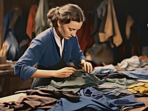 Storica foto a colori del lavoro quotidiano di una donna nel passato