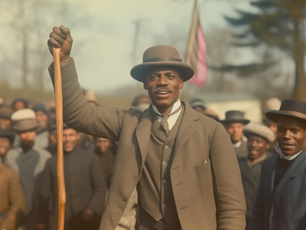 Storica foto a colori di un uomo che guida una protesta