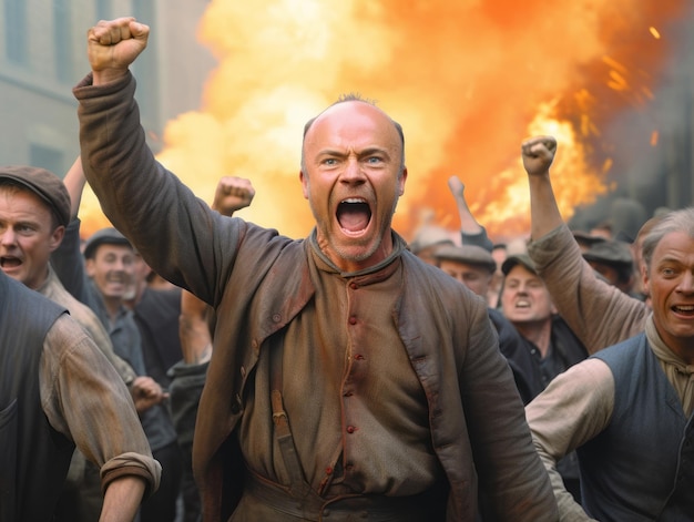 Storica foto a colori di un uomo che guida una protesta