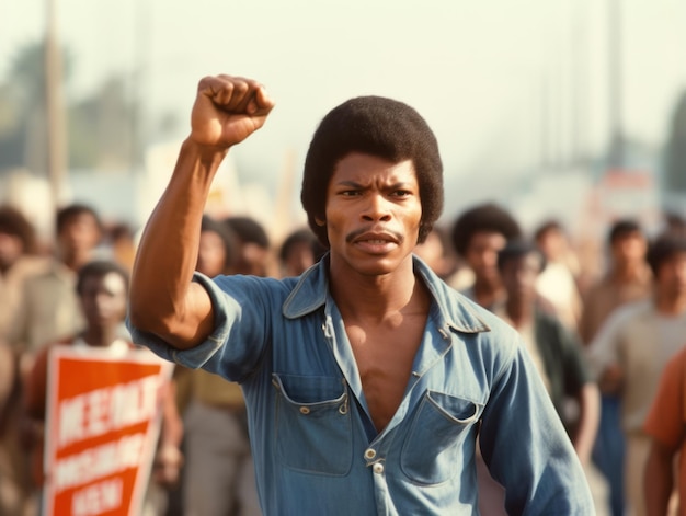 Storica foto a colori di un uomo che guida una protesta