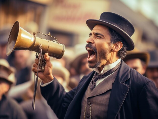 Storica foto a colori di un uomo che guida una protesta