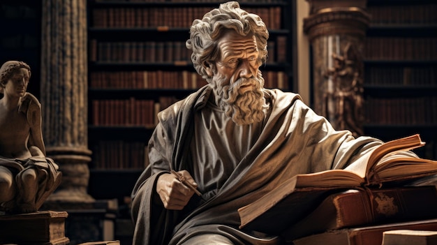 Storico classico con rotoli libri statua simboleggia la ricerca della conoscenza