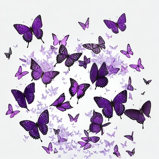 Stormo di farfalle di colore viola piccolo e grande sfondo bianco Arte generata dall'intelligenza artificiale