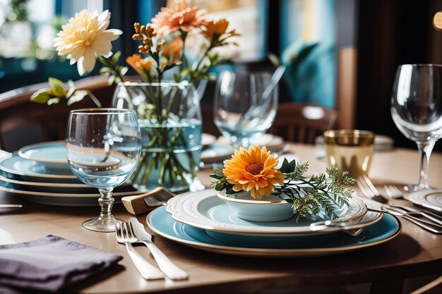 Stoviglie bicchieri fiore forchetta coltello servito per cena in un ristorante con interni accoglienti