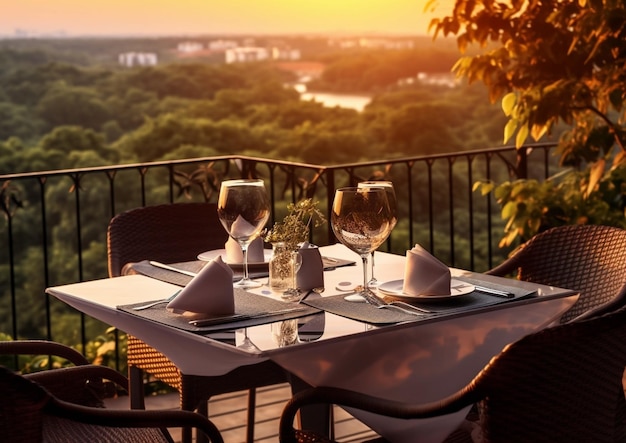 Stoviglie classiche al ristorante Appuntamenti ai tavoli per la cena in terrazza AI generativa