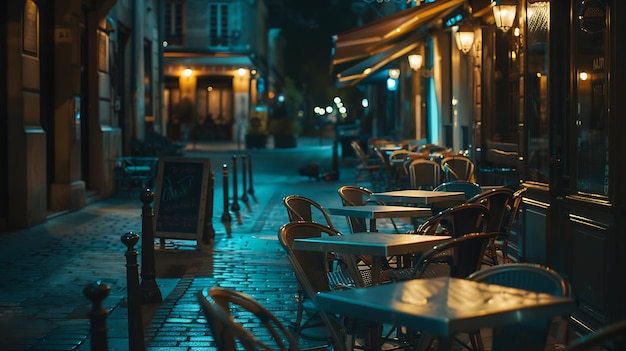 Strada accogliente con tavoli di caffè a Parigi Francia Paesaggio cittadino notturno di Parigi Architectur Generative AI
