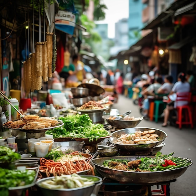 Strada affollata nella vivace scena del cibo di strada di Hanoi