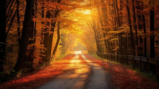 strada arrotolata nel bosco con una recinzione e alberi generativi ai