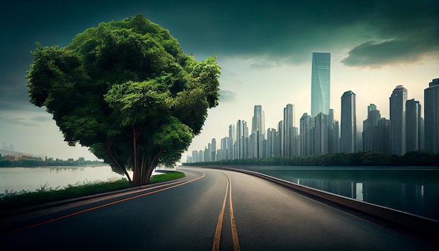 Strada asfaltata e albero verde con skyline della città a Hangzhou Cina Generative Ai