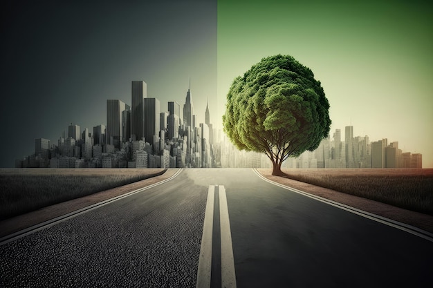 Strada asfaltata e albero verde Generativo ai