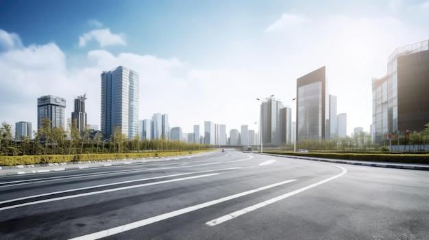 Strada asfaltata e città moderna con grattacieli Generative AI AIG21