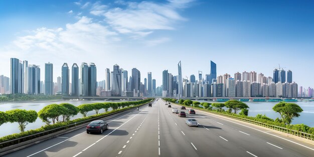 Strada asfaltata e paesaggio urbano moderno con edifici