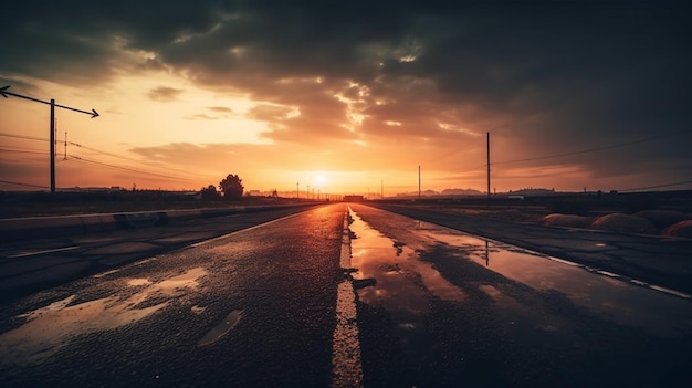 Strada asfaltata in campagna al tramonto Generativo Ai