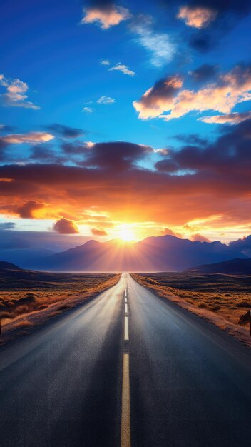 Strada asfaltata nella steppa al tramonto Paesaggio creato dalla tecnologia generativa di IA